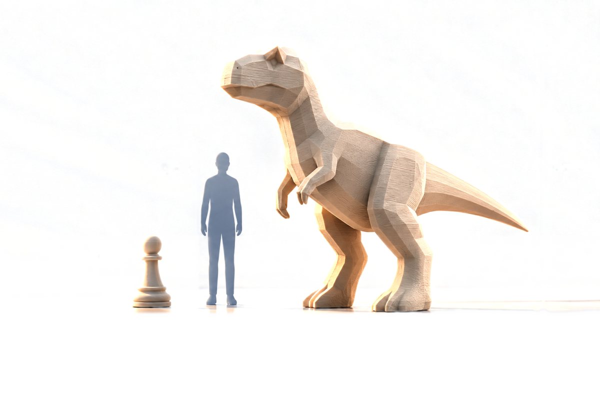 Měřítko výrobků: šachová figurka 30 cm, postava člověka 1,8 m a socha dinosaura 3 m